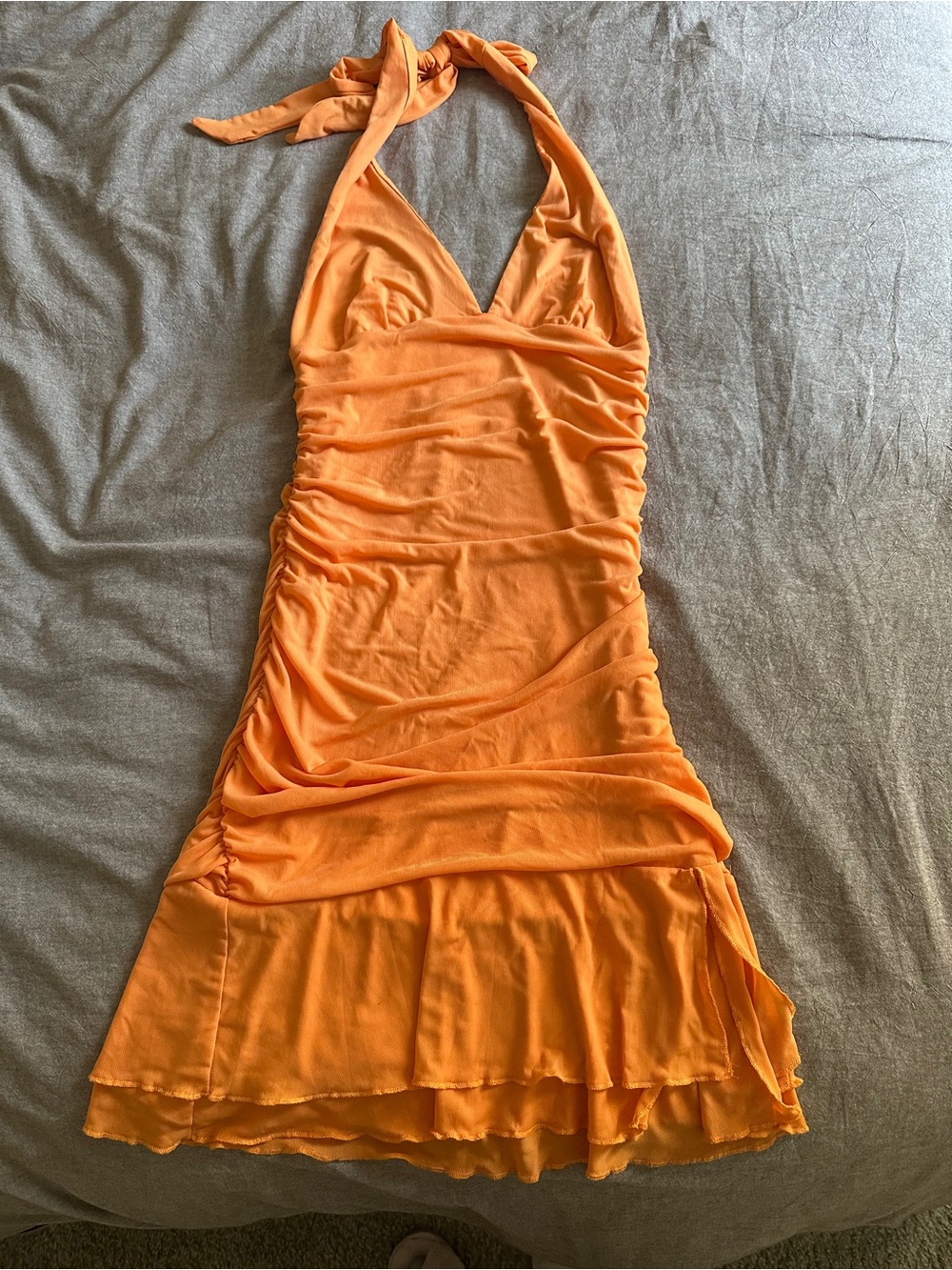 Orange Halter Ruched Slip Dress